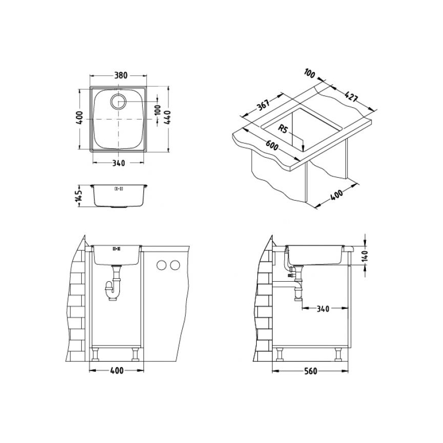 ALVEUS 1082195 - Virtuvės kriauklė BASIC 44x38 cm, nerūdijančio plieno, satininė apdaila, didelė išleidimo anga