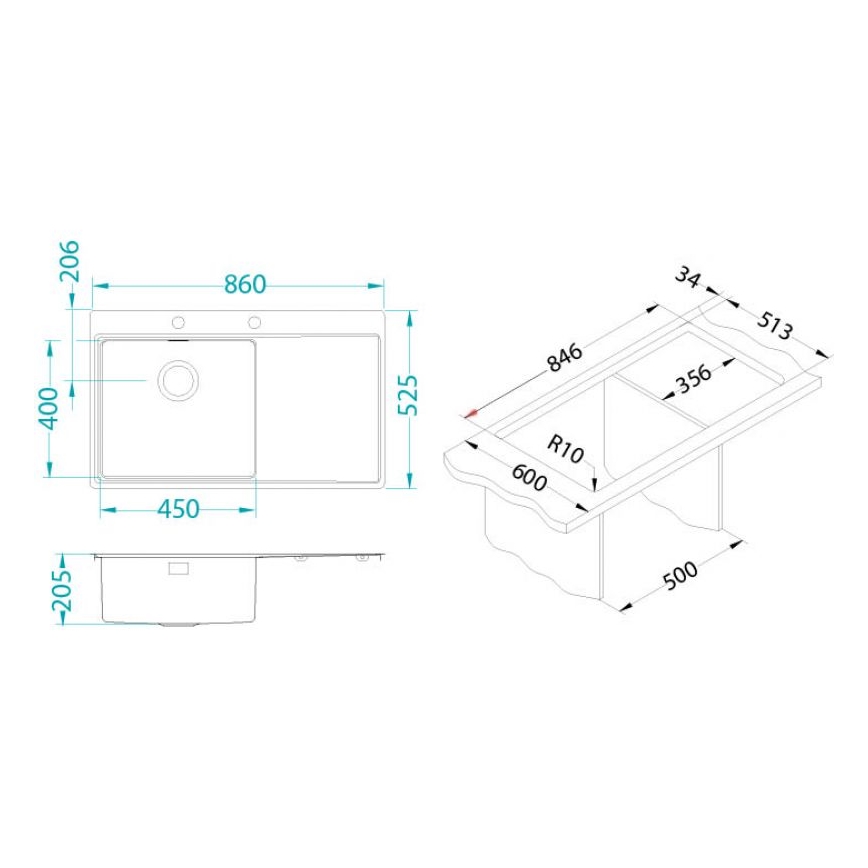ALVEUS 1103652 - Virtuvės kriauklė PURE 86x52,5 cm satin, kairė