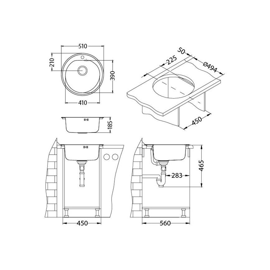 ALVEUS 1116756 - Nerūdijančio plieno virtuvinė plautuvė FORM, skersmuo 51 cm, satininis paviršius, gylis 18,5 cm