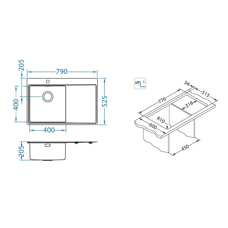 ALVEUS 1149516 - Virtuvės kriauklė PURE 79x52,5 cm, satininė, dešinės pusės + sifonas su greitu uždarymu