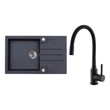 ALVEUS SETA23201 - Virtuvinis kriauklė ROCK 78x48 cm + kriauklės maišytuvas su lankstomu snapu MINTAS 34 cm granitas/dusyk juodas