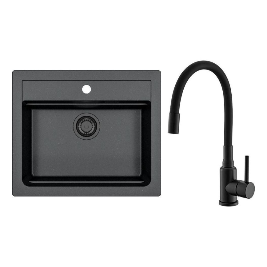 ALVEUS SETA23228 - Virtuvinė plautuvė ATROX 59x50 cm + plautuvės maišytuvas su lanksčiu ištraukiamu snapu MINTAS 34 cm granitas/matinė juoda