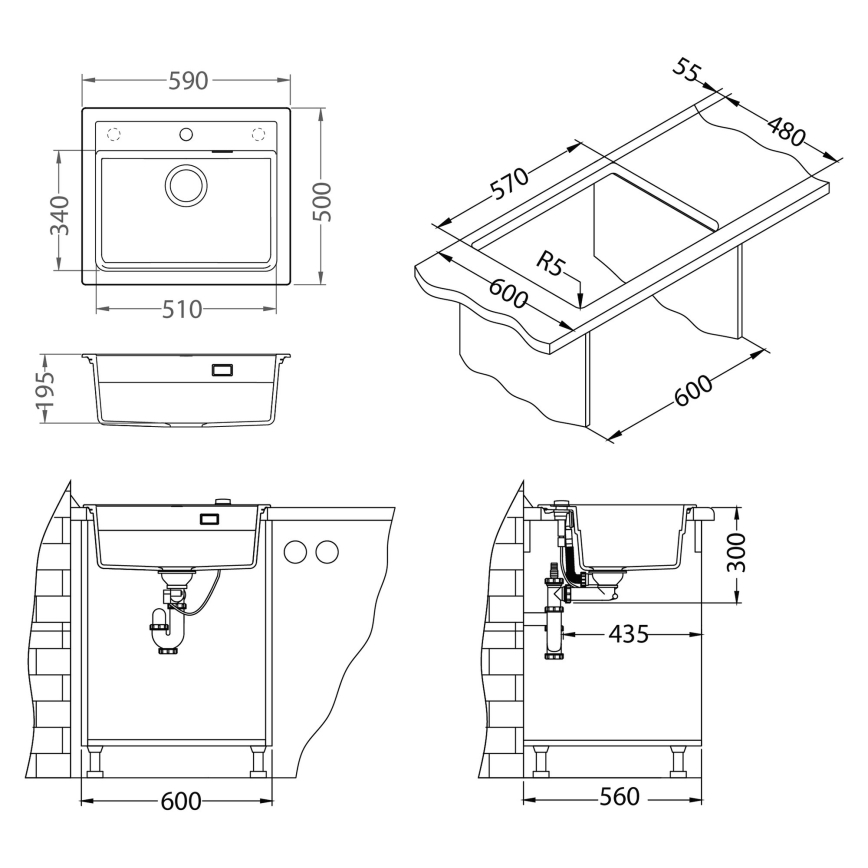 ALVEUS SETA23228 - Virtuvinė plautuvė ATROX 59x50 cm + plautuvės maišytuvas su lanksčiu ištraukiamu snapu MINTAS 34 cm granitas/matinė juoda