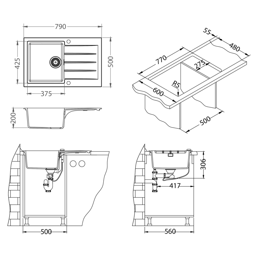 ALVEUS SETA23231 - Virtuvinė plautuvė CADIT 79x50 cm + plautuvės maišytuvas su lanksčiu snapu MINTAS 34 cm granitinis/matinė juoda