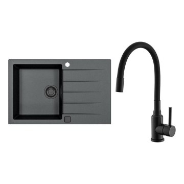 ALVEUS SETA23231 - Virtuvės praustuvas CADIT 79x50 cm + MINTAS maišytuvas su lanksčiu išleidimu 34 cm granitas/matinis juodas