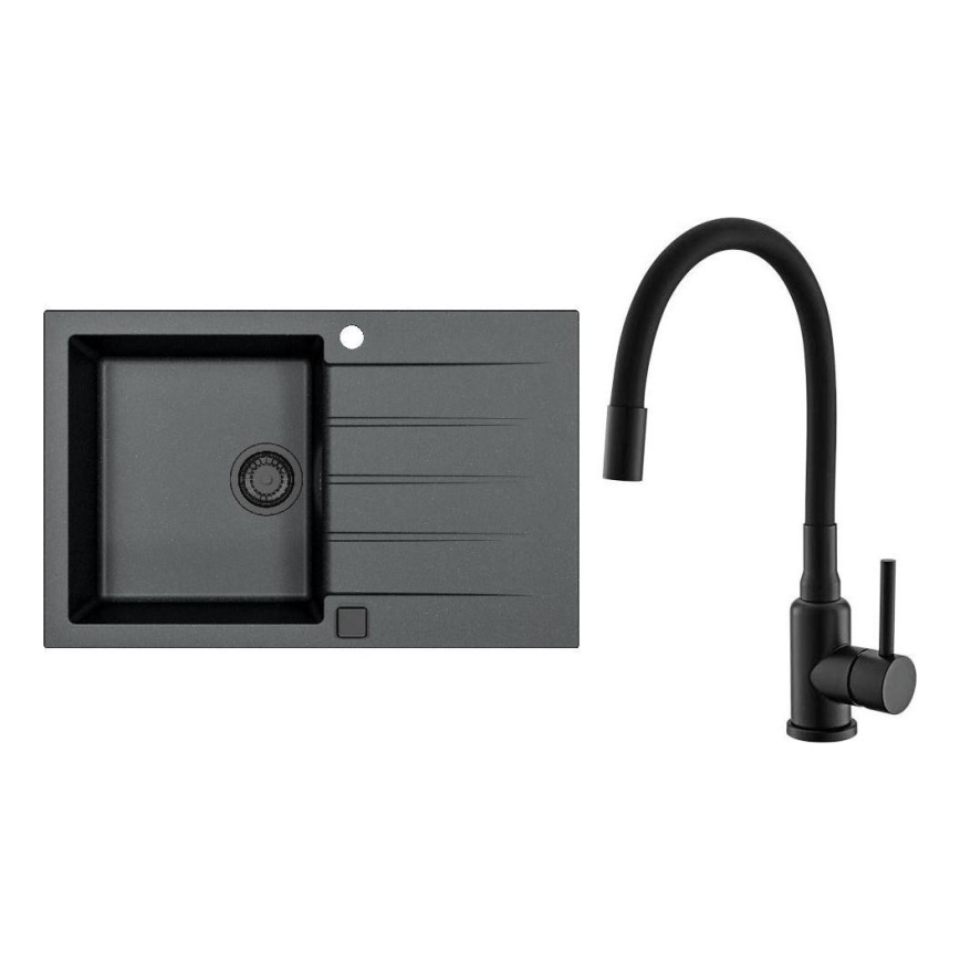 ALVEUS SETA23231 - Virtuvinė plautuvė CADIT 79x50 cm + plautuvės maišytuvas su lanksčiu snapu MINTAS 34 cm granitinis/matinė juoda