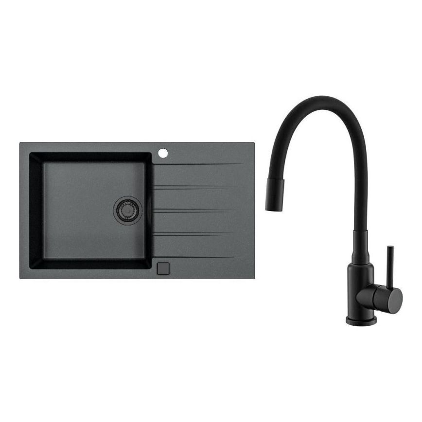 ALVEUS SETA23232 - Virtuvinė plautuvė CADIT 86x50 cm + kriauklės maišytuvas su lanksčiu snapu MINTAS 34 cm granitas/matinė juoda