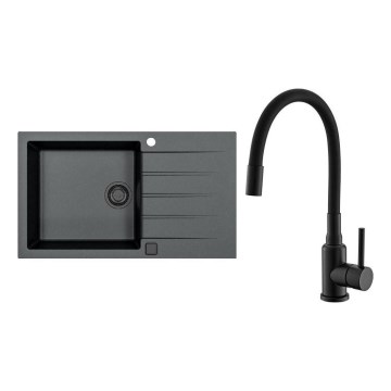ALVEUS SETA23232 - Virtuvinis kriauklė CADIT 86x50 cm + kriauklės maišytuvas su lanksčiu kaklu MINTAS 34 cm granitas/matiniu juodu