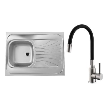 ALVEUS SETA24019 - Virtuvinis kriauklė CLASSIC 80x60 cm + maišytuvas su lankstumu MINTAS 34 cm šlifuotas plienas/juoda