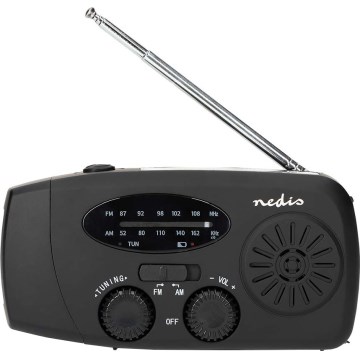 AM/FM radijas su rankiniu generatoriumi, saulės panelė ir LED žibintuvėlis — 2000 mAh