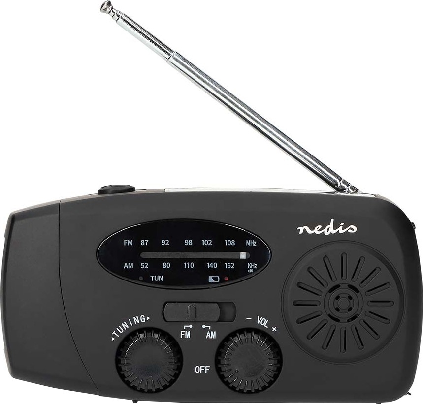 AM/FM radijas su rankiniu generatoriumi, saulės panelė ir LED žibintuvėlis — 2000 mAh