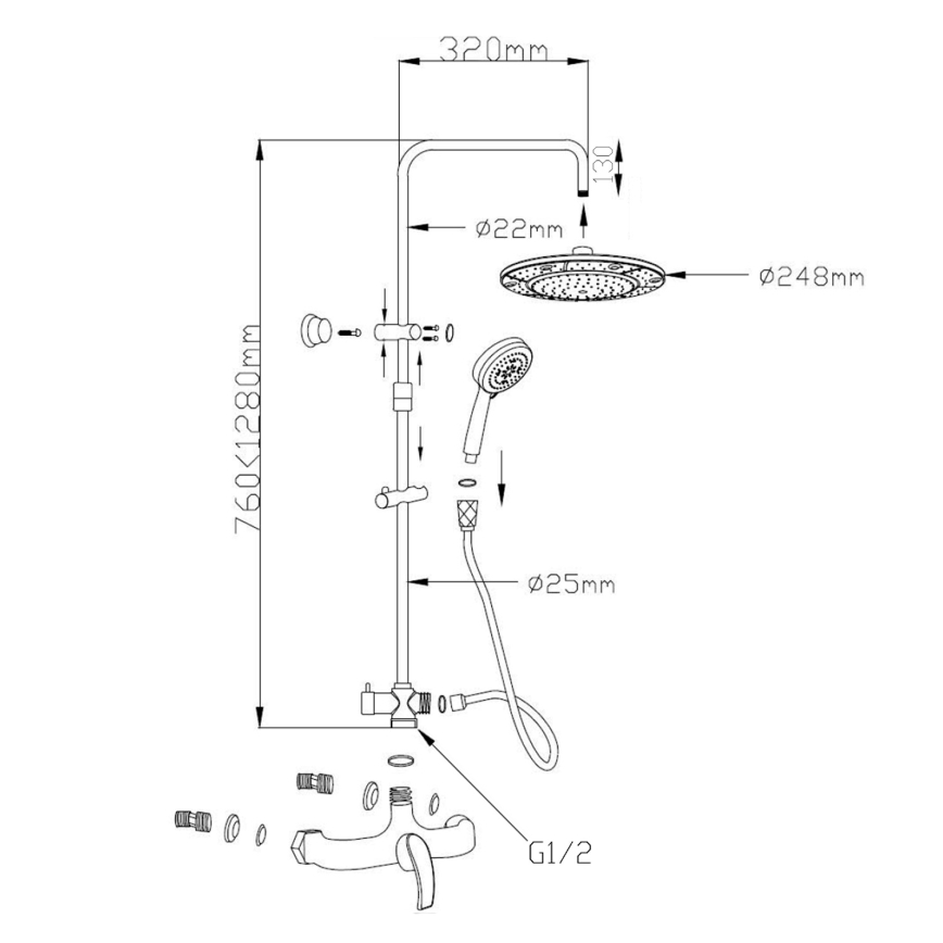 Aqualine – dušo rinkinys su maišytuvu KASIOPEA, blizgus chromas
