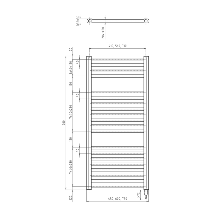 Aqualine - Vonios kambario elektrinis radiatorius DIRECT-E 300W/230V 96 cm matinis juodas tiesus