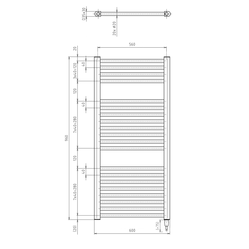 Aqualine - Vonios kambario elektrinis radiatorius DIRECT-E 400W/230V 96 cm matinis juodas tiesus