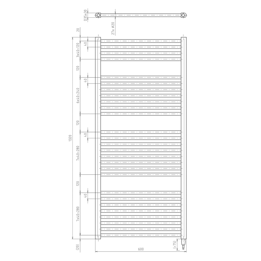 Aqualine - Vonios kambario elektrinis radiatorius DIRECT-E 600W/230V 132 cm matinis juodas tiesus