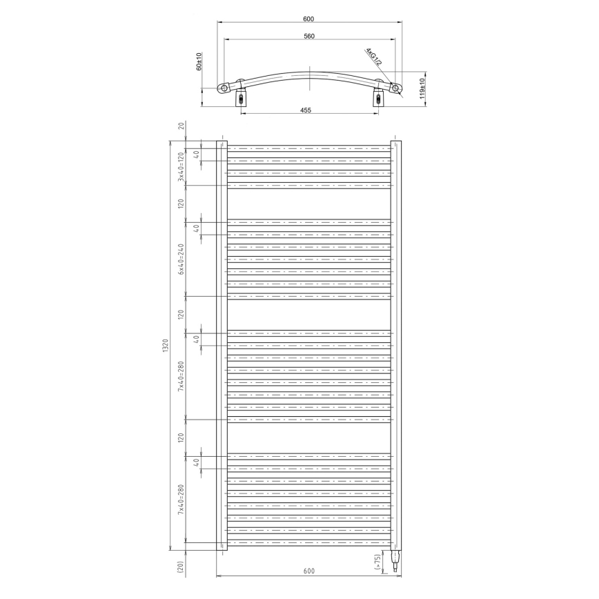 Aqualine - Vonios kambario elektrinis radiatorius ORBIT-E 600W 132x60 cm, baltas, apvalus