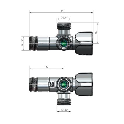Arco - Kombinuotas kampinis vožtuvas A-80 su dviem išėjimais, blizgus chromas