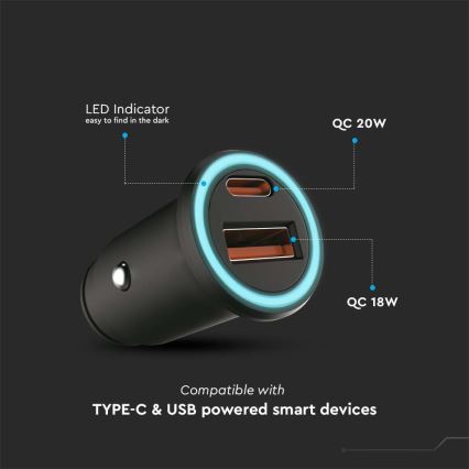 Automobilinis įkroviklis Power Delivery 20W 12-24V/3A USB/C juodas