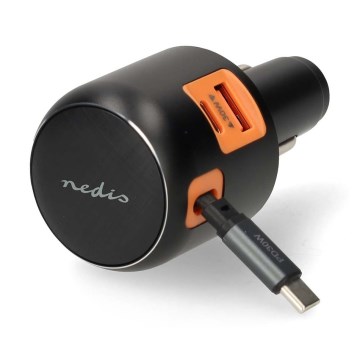 Automobilinis įkroviklis su ištraukiamu kabeliu Power Delivery 30 W, 2x USB-C + 1x USB-A