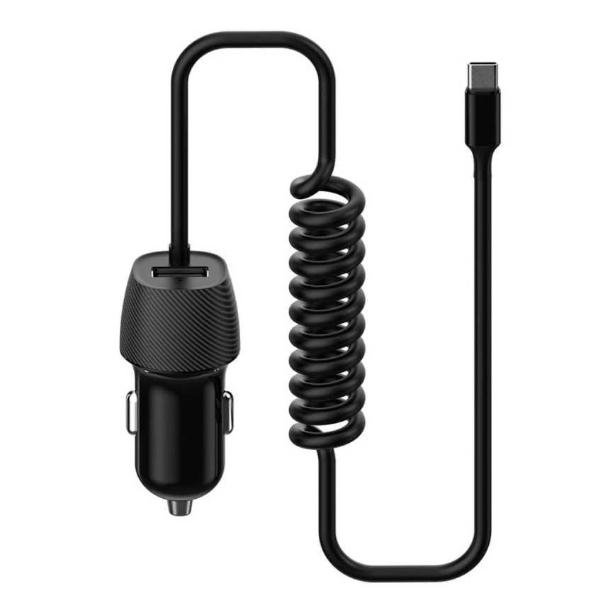 Automobilinis pakrovėjas 1xUSB 5V/1A + USB-C jungtis 150 cm juoda