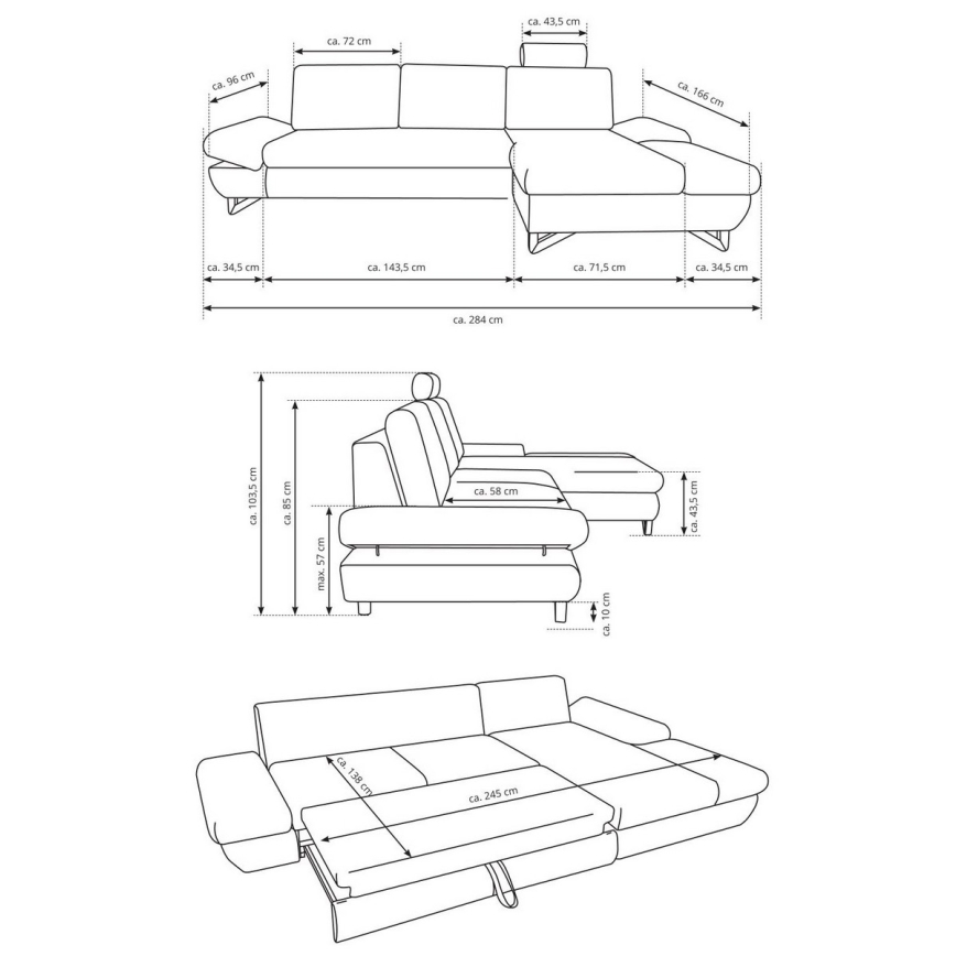 Išskleidžiama kampinė audiniu aptraukta AVESTA sofa su patalynės dėže, L formos, dešinė, antracitas