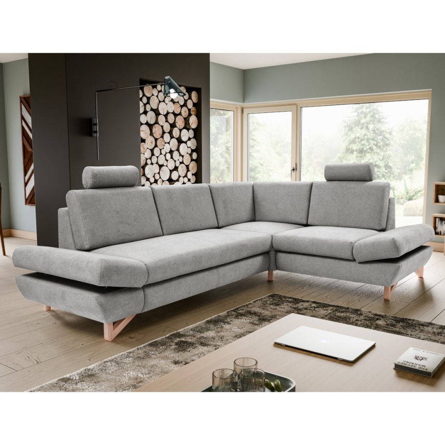 AVESTA L formos išskleidžiama apmušta kampinė sofa-lova su patalynės dėže, dešinės pusės, pilka