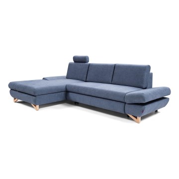 AVESTA L formos kairinė išskleidžiama apmušta kampinė sofa-lova su talpia daiktadėže, mėlyna