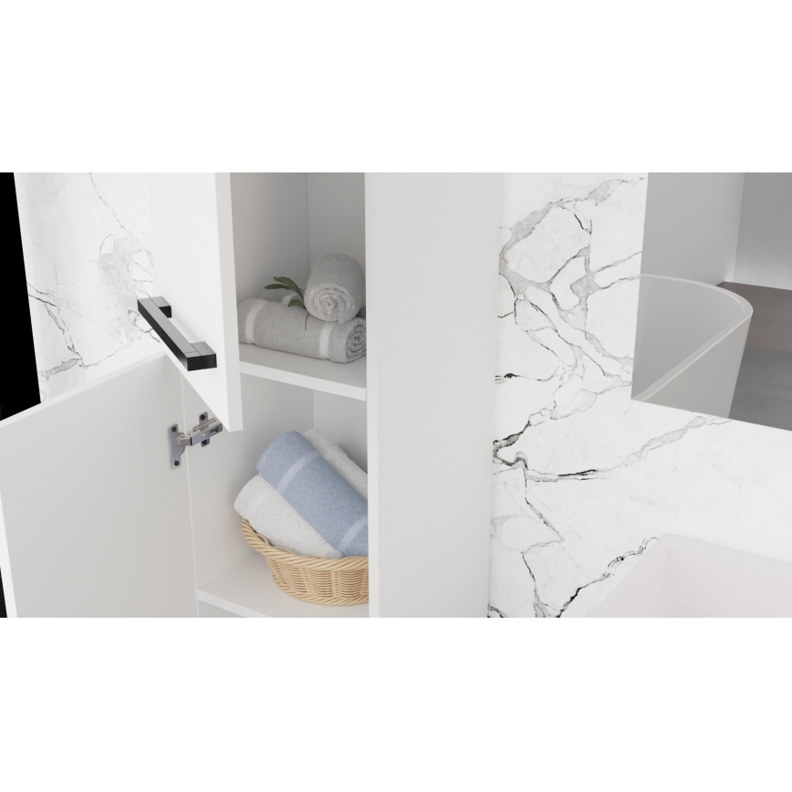 Baltos spalvos vonios spintelė su praustuvu KATE + veidrodinė spintelė + sieninė spintelė