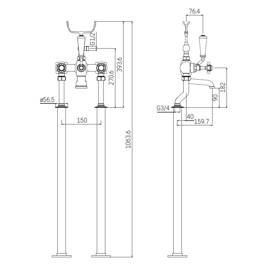 BATH DELUXE 28-108-01-60-00 - Laisvai stovintis vonios komplektas su čiaupu AEROSKOBING 106,3 cm blizgus chromas