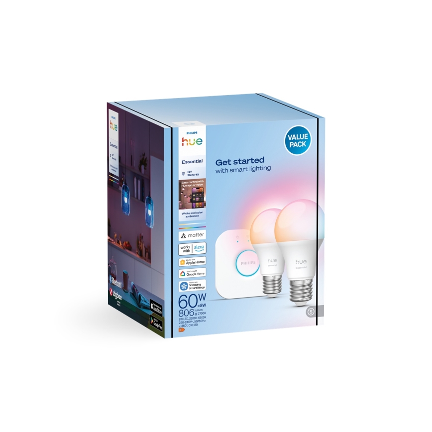 Pradinis Philips Hue White And Color Ambiance Essential rinkinys 2xE27/8W/230V 2200-6500K + prijungimo įrenginys