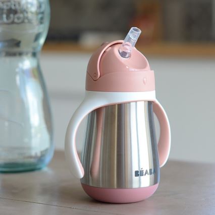 Beaba - termoizoliacinis puodelis su šiaudeliu, 250 ml, rožinis