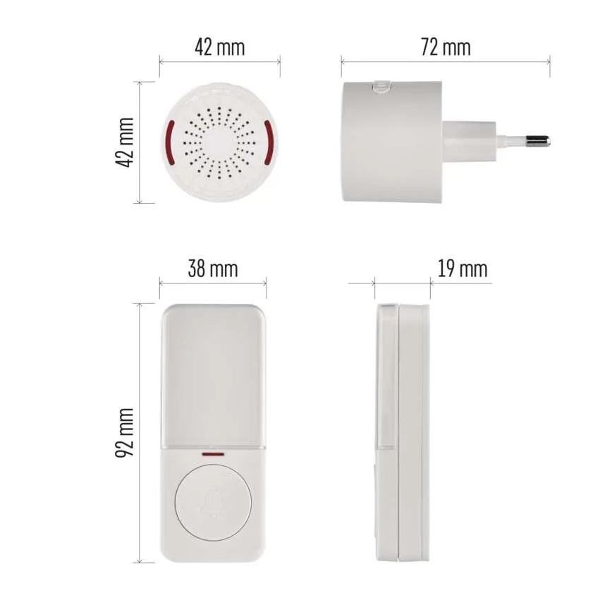 Belaidis durų skambutis į 230V tinklo lizdą + 1xCR2032 baltas