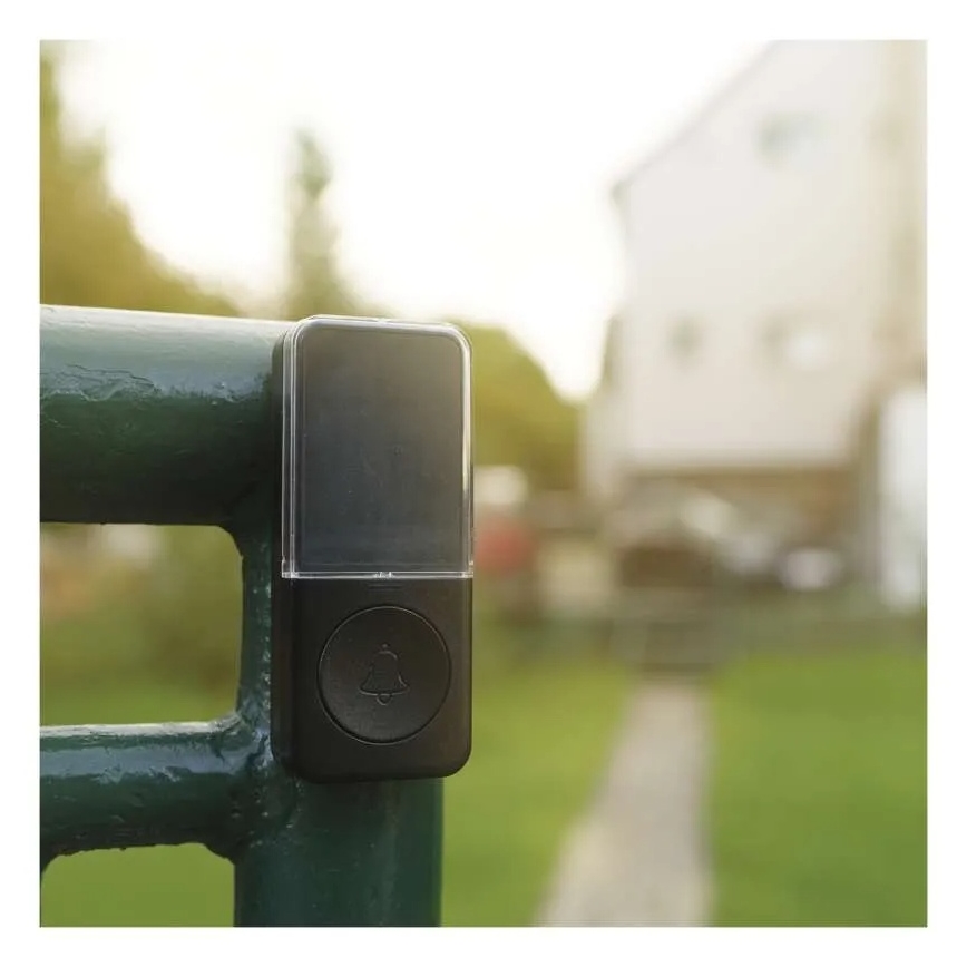 Belaidis durų skambutis, maitinamas iš 230 V rozetės, komplekte 1× CR2032, juodas