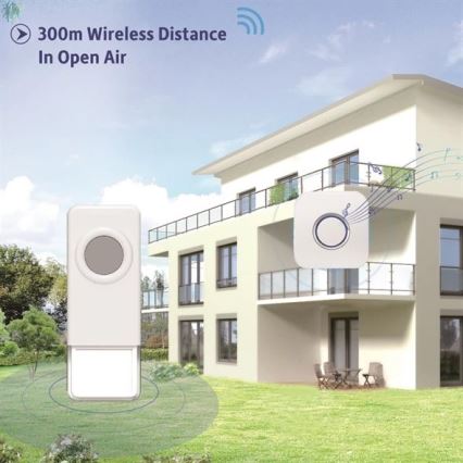 Bevielis durų skambutis 3xAAA/1xA23 IP55 balta