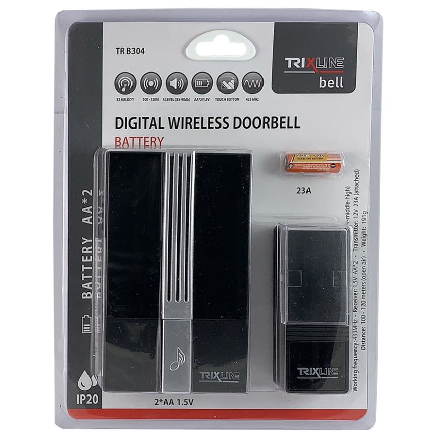 Bevielis durų skambutis BELL 1x23A + 2xAA juoda