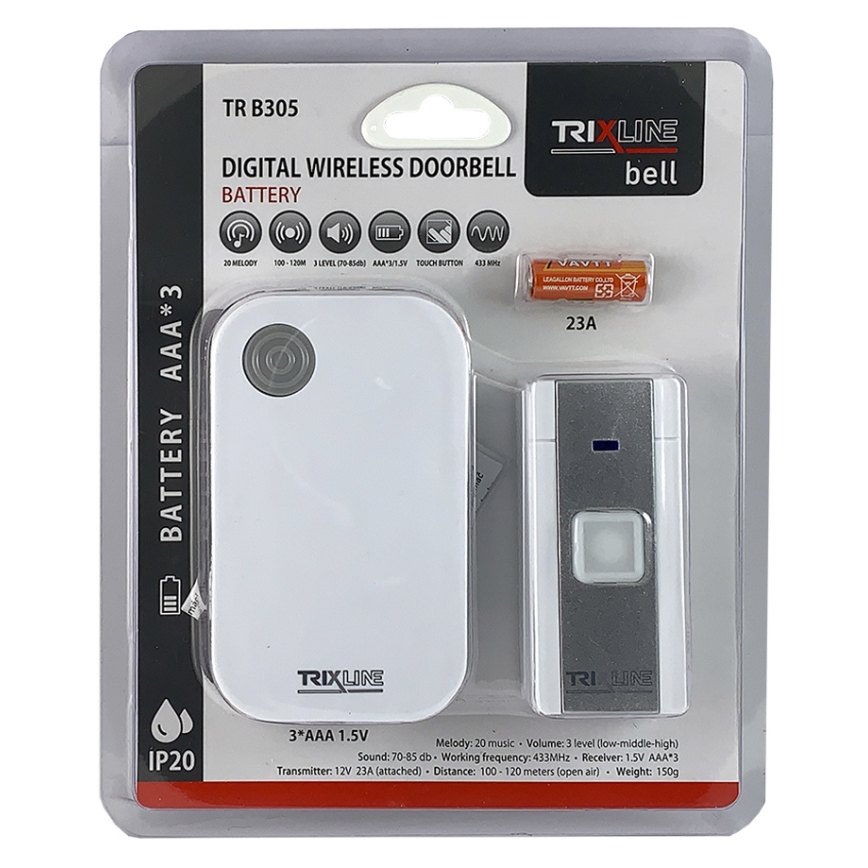Bevielis durų skambutis BELL 1x23A + 3xAAA balta