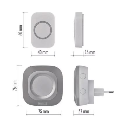 Bevielis prijungiamas durų skambutis 230V + 1xCR2032 IP44 pilka