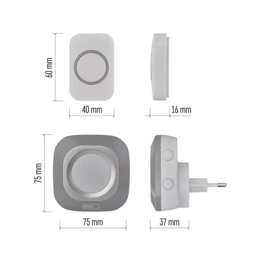 Bevielis prijungiamas durų skambutis 230V + 1xCR2032 IP44 pilka