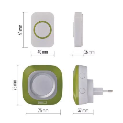 Bevielis prijungiamas durų skambutis 230V + 1xCR2032 IP44 žalia