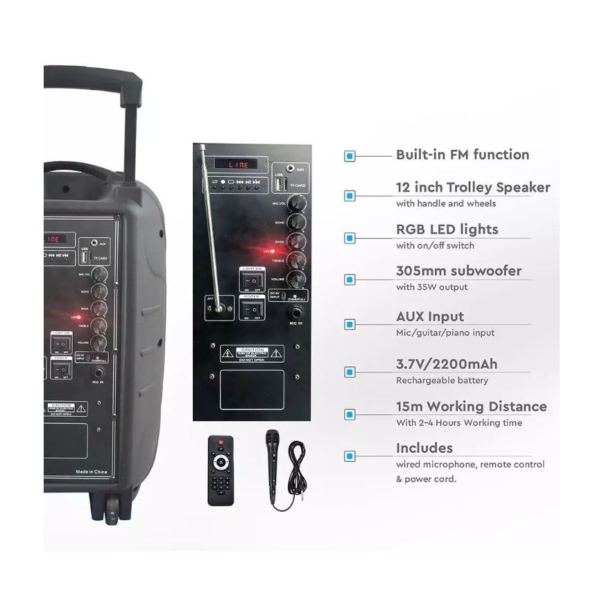 Bluetooth nešiojamas garsiakalbis su mikrofonu 35W/3,7V LED RGB + VP