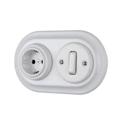 Bohemia-Design - porcelianinė retro sieninė rozetė be rėmelio SCHUKO 250V/16A balta
