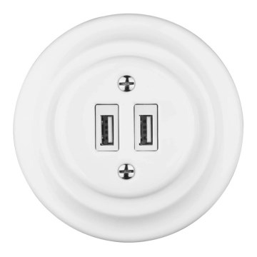 Bohemia-Design - Porcelianinė retro USB maitinimo rozetė su rėmeliu 2x USB-A balta