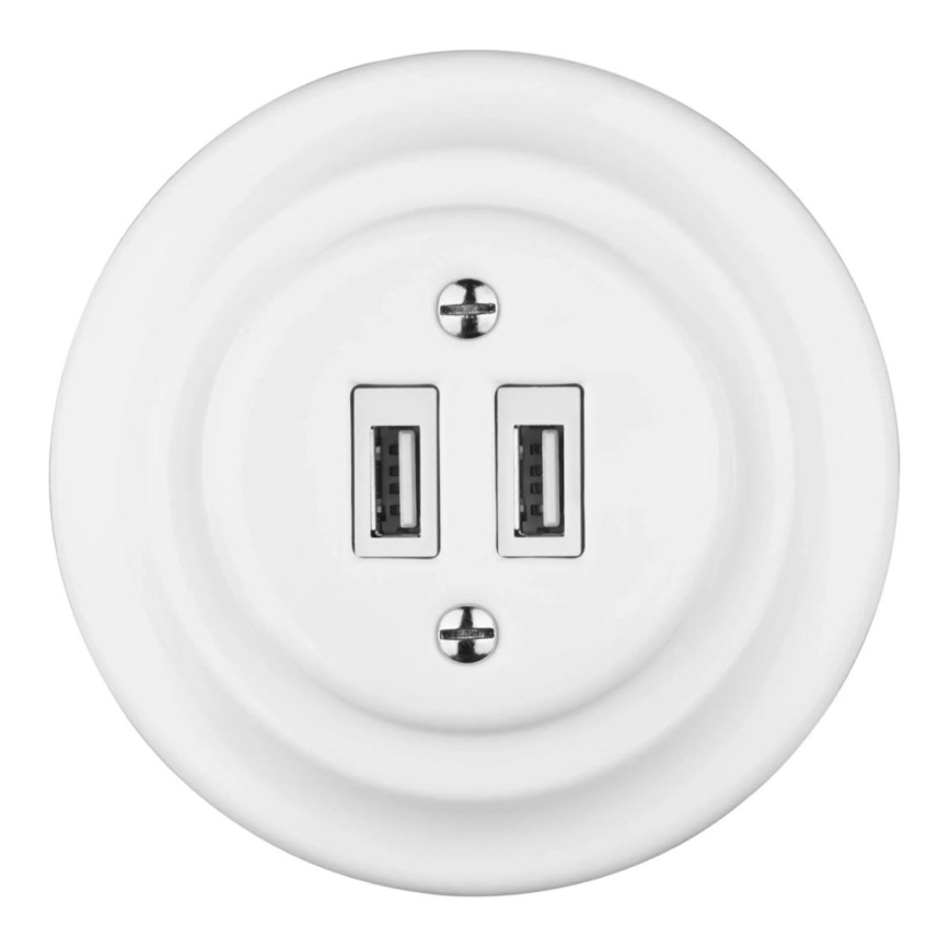 Bohemia-Design - Porcelianinė retro USB maitinimo rozetė su rėmeliu 2x USB-A balta