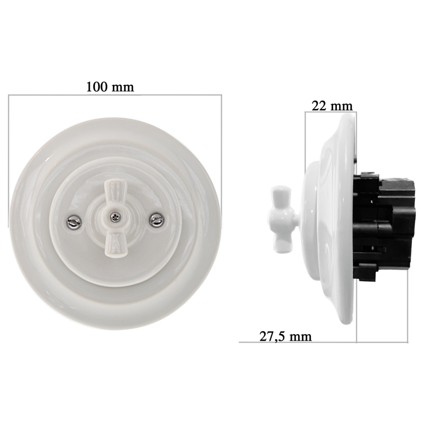 Bohemia-Design - Porcelianinis retro sukamas šviesos reguliatorius su rėmeliu 250V/10A baltas