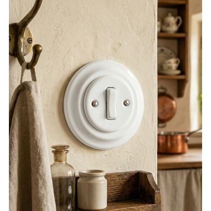 Bohemia-Design - Porcelianinis retro viengubas jungiklis su rėmeliu Nr. 1 baltas
