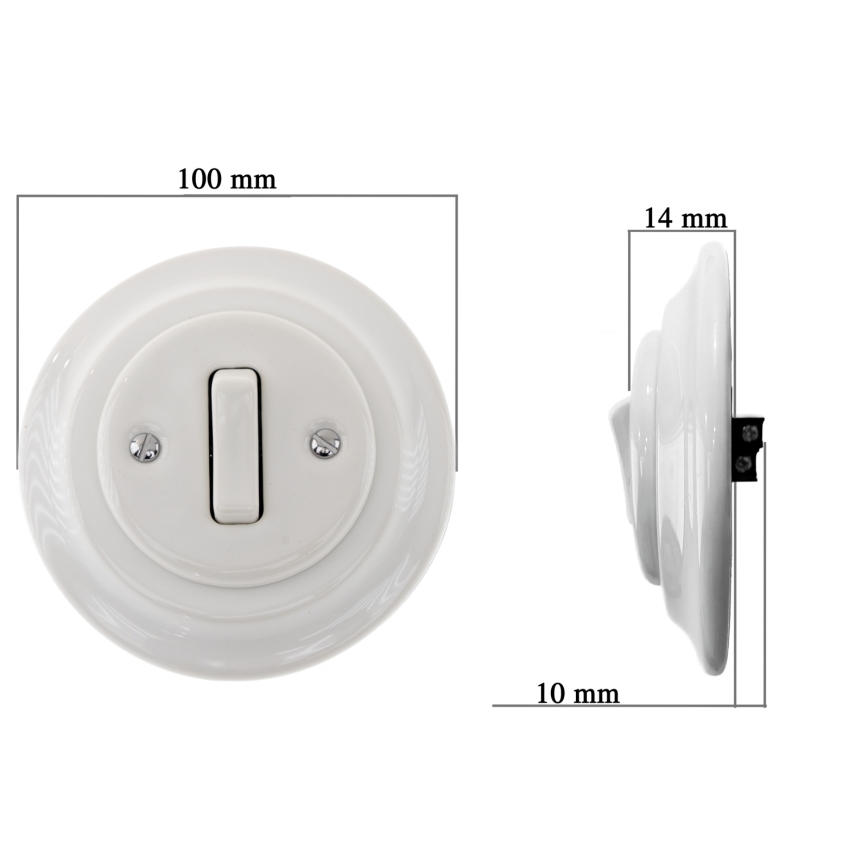 Bohemia-Design - Porcelianinis retro viengubas skambučio jungiklis su rėmeliu, baltas
