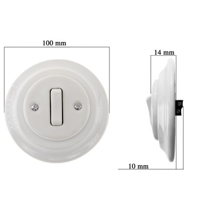 Bohemia-Design - Porcelianinis retro vieno mygtuko jungiklis su rėmeliu nr. 7, baltas