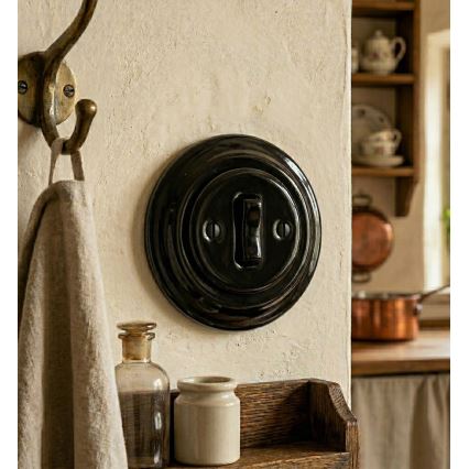 Bohemia-Design - Retro porcelianinis durų skambučio mygtukas su rėmeliu, juodas