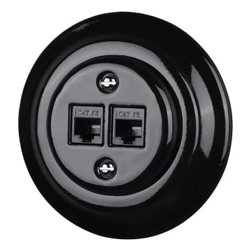 Bohemia-Design - retro stiliaus porcelianinė Ethernet rozetė su rėmeliu, 2x CAT.5E, juoda