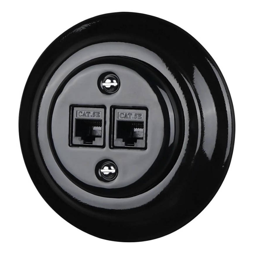 Bohemia-Design - retro stiliaus porcelianinė Ethernet rozetė su rėmeliu, 2x CAT.5E, juoda